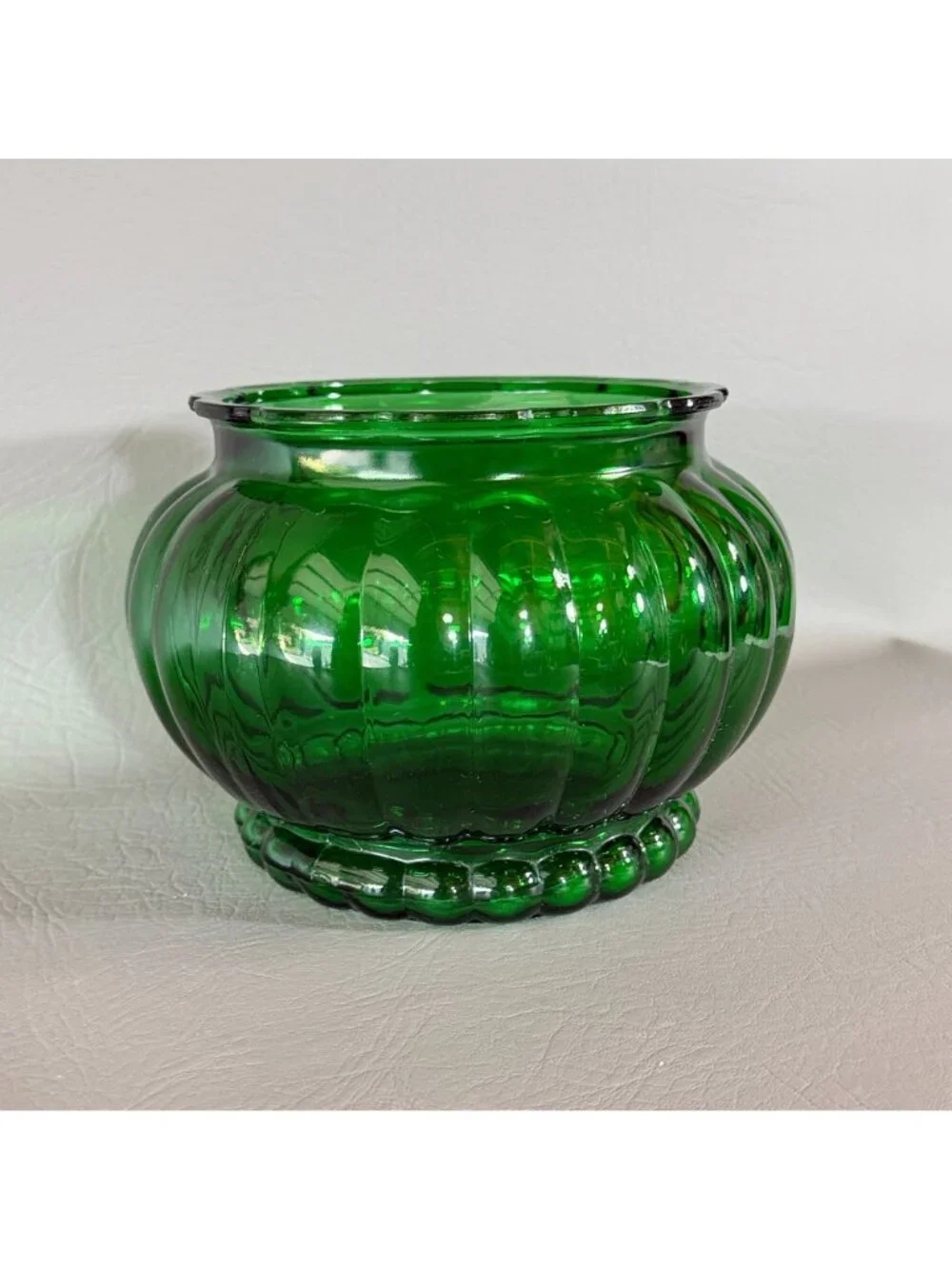 Vintage Forest Green Glass Rose Bowl Ribbed Bulbous Planter Ivy Vase 6